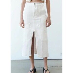 ZARA The Cargo White Denim Maxi  Front Slit Skirt NWT Light Academia Preppy Core